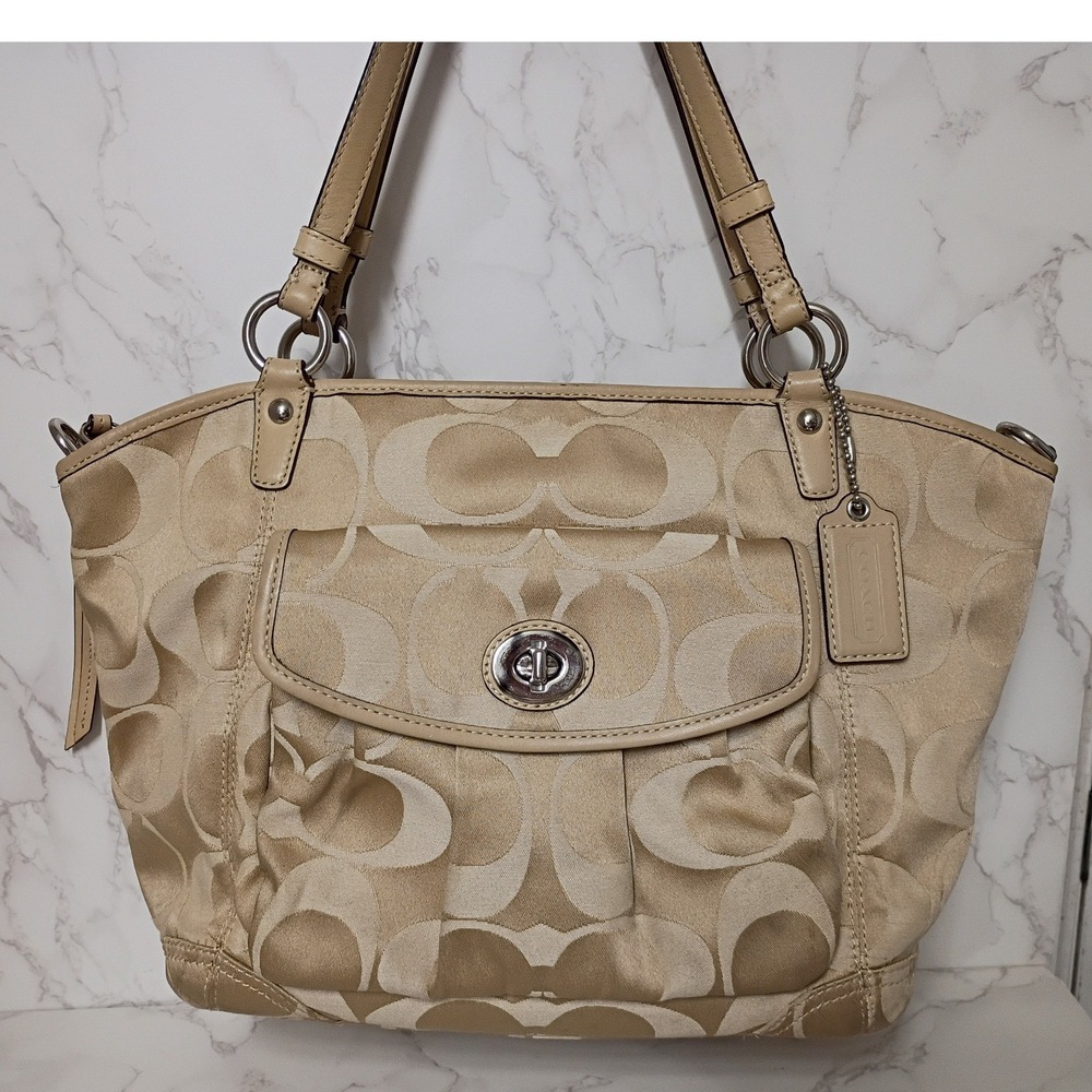COACH Signature Leah Khaki Jacquard Canvas Shoulder Bag - EUC
